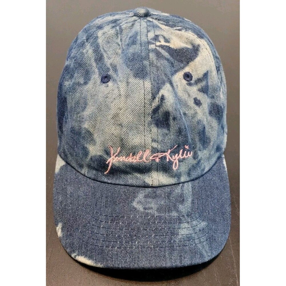 Kendall+Kylie Strapback Dad Hat Bleached Blue Denim Cap Pink Embroidered Logo